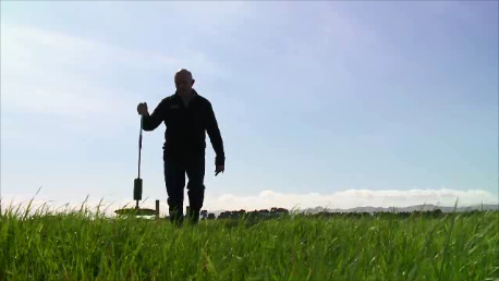 Chris Lewis measuring pasture with plate meter